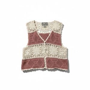 Vintage 90s Reference Point Crochet Vest White Pink Button Front Womens M